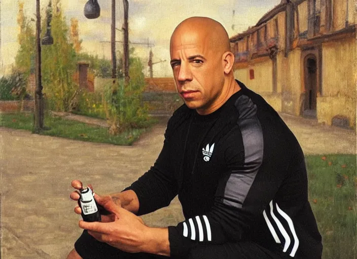 Prompt: vin diesel in black adidas sport costume, as gopnik character, sitting on a bench with corona beer bottle and a smartphone, in the courtyard of a provincial russian town, intricate, oil on canvas, naturalism