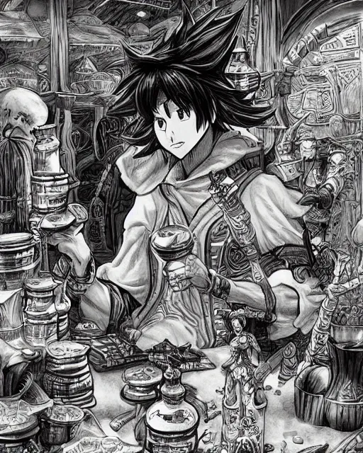Image similar to A merchant selling treasuries and potions, high detailed store, black and white, fantasy art, goblin art, in the style of masami kurumada, illustration, epic, fantasy, intricate, hyper detailed, artstation, concept art, smooth, sharp focus, ray tracing