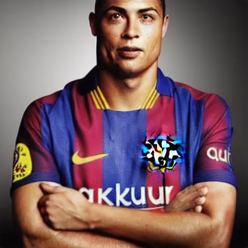 Image similar to fc barcelona, ronaldo nazario fenomeno, head and shoulders shot, portrait, photograph by martin schoeller