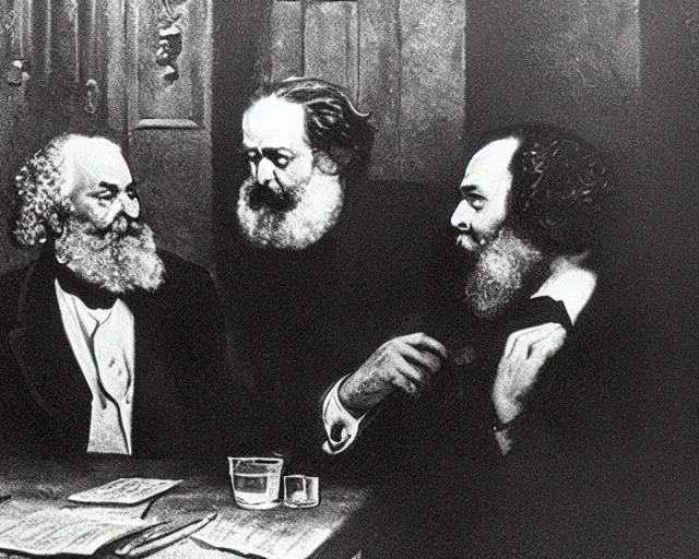 Prompt: karl marx chatting with aristotle in a bar, professional photography nighttime, noir photo, golden lights, calm feeling