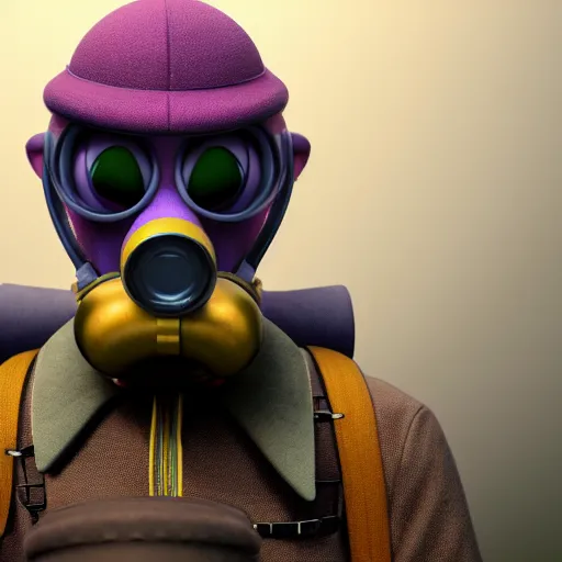 Image similar to waluigi wearing a soviet gasmask, cgi, artstation, octane render, portrait photography, lucasfilm, cinematic