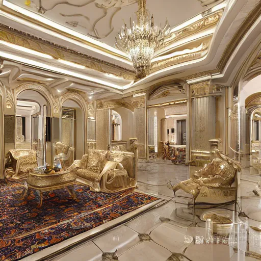 Image similar to modern luxury interior home design, palace with high ceiling and beautiful sculptures, photorealistic, ultra-detailed, 4k high resolution, HDR shot