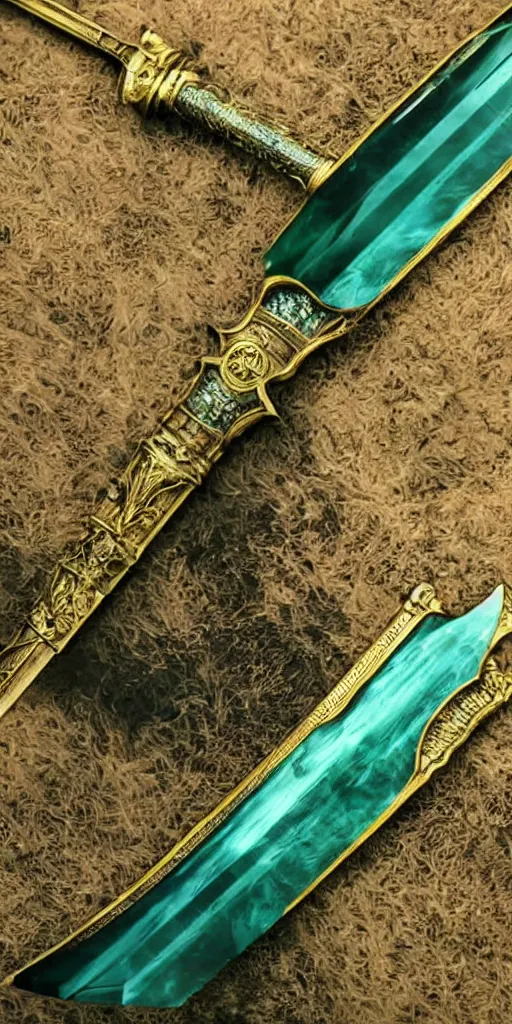 Image similar to photograph of a wide green and teal crystal double - edged sword blade attached to a big gold sword hilt