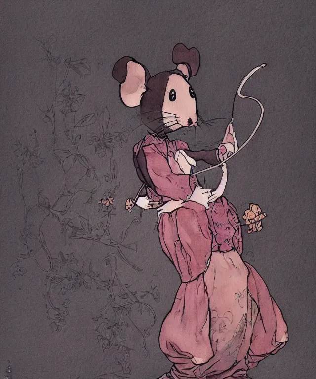 Image similar to a watercolor ink painting of the selfless female anthropomorphic mouse midwife. her wardrobe is complicated in the style of moebius in the style of anti - art trending on artstation deviantart pinterest furaffinity hyper detailed photorealistic highlights and shadow hd 8 k post - processing high resolution