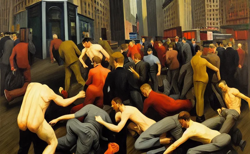 Prompt: Oil painting of mens in newyork stock exchange trading floor bearish markets droped fighting each other papers flying around by Lucian Freud, Abstract brush strokes, Masterpiece, Edward Hopper and James Gilleard, Zdzislaw Beksinski, Mark Ryden, Wolfgang Lettl highly detailed, hints of Yayoi Kasuma