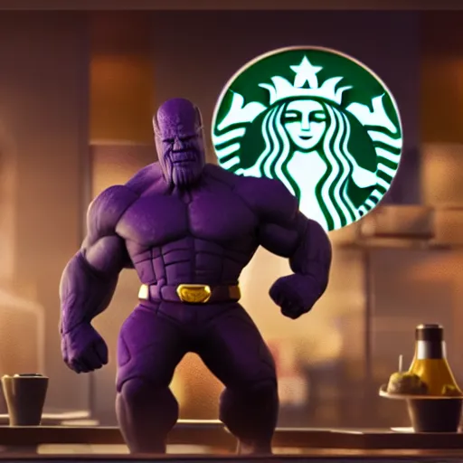 Image similar to thanos working at starbucks, oil painting, octane render