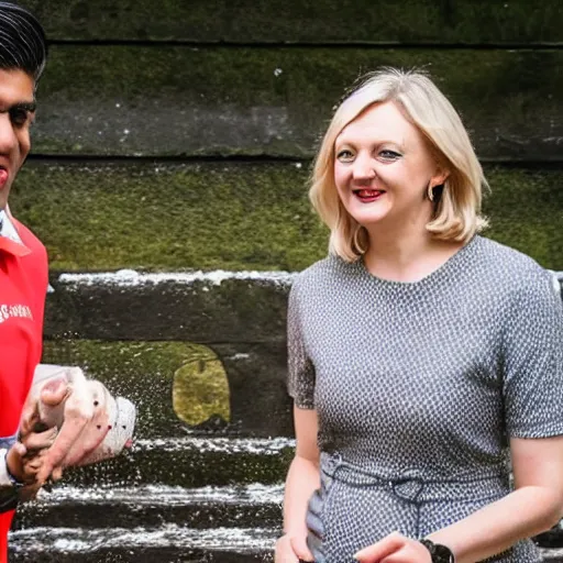 Prompt: high quality photo of liz truss and rishi sunak catapulting sloppy mud at each other in an office