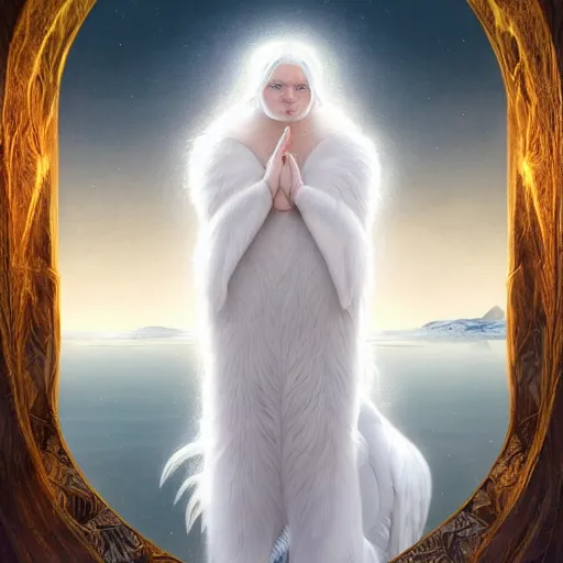 Image similar to portrait of mighty baby harp seal god, white hair, soft hair, d & d, powerful, ice and glaciers, arctic, fantasy, intricate, elegant, highly detailed, digital painting, artstation, concept art, smooth, sharp focus, illustration, art by artgerm and greg rutkowski and alphonse mucha