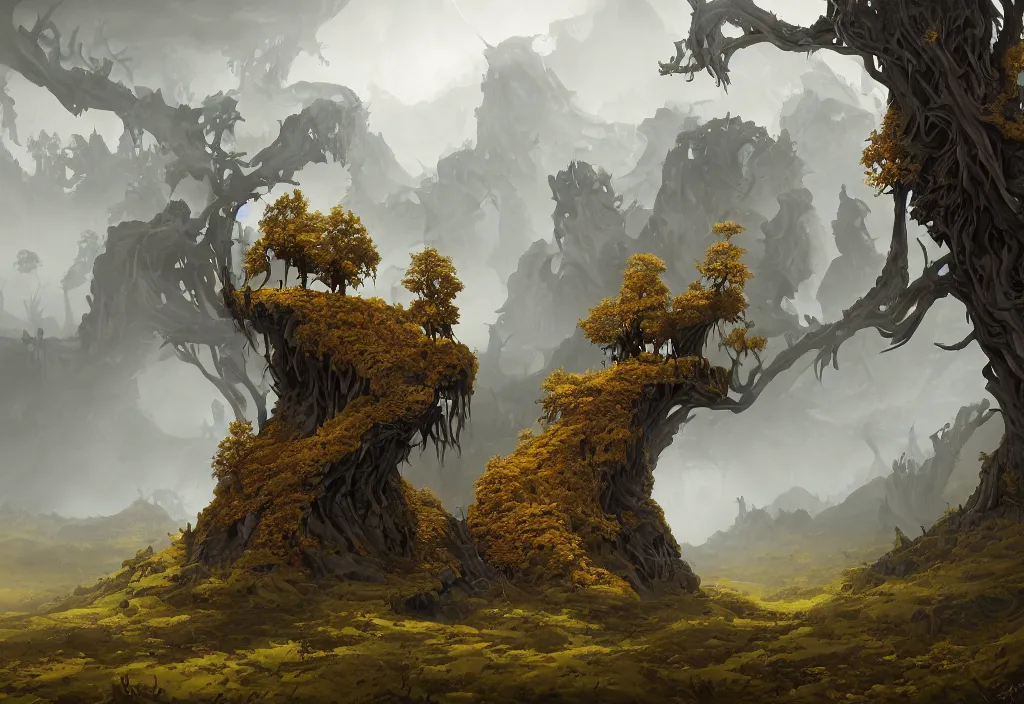 Image similar to hell landscape without people, high trees, top of the hill, above low layered clouds, deep focus, fantasy, intricate, elegant, highly detailed, digital painting, artstation, concept art, matte, sharp focus, illustration, hearthstone, art by rhads and artgerm and greg rutkowski and alphonse mucha. gediminas pranckevicius