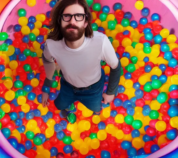 Prompt: a german young man with long brownish hair and glasses and very short beard, lying in a colorful ball pit at an amusement park, art by charlie bowater and greg rutkowski and artgerma, lightroom hyperdetailed