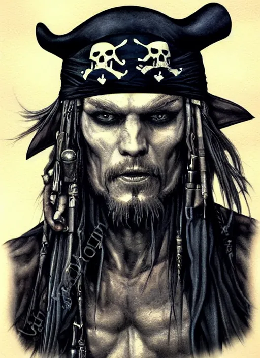 Image similar to portrait of pirate, night sky background, coherent! by brom, deep color, strong line, high contrast