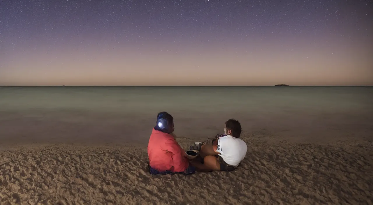 Prompt: someone drinking a cup of tea in the night while watching the stars in the middle of the beach, indigo ambient light