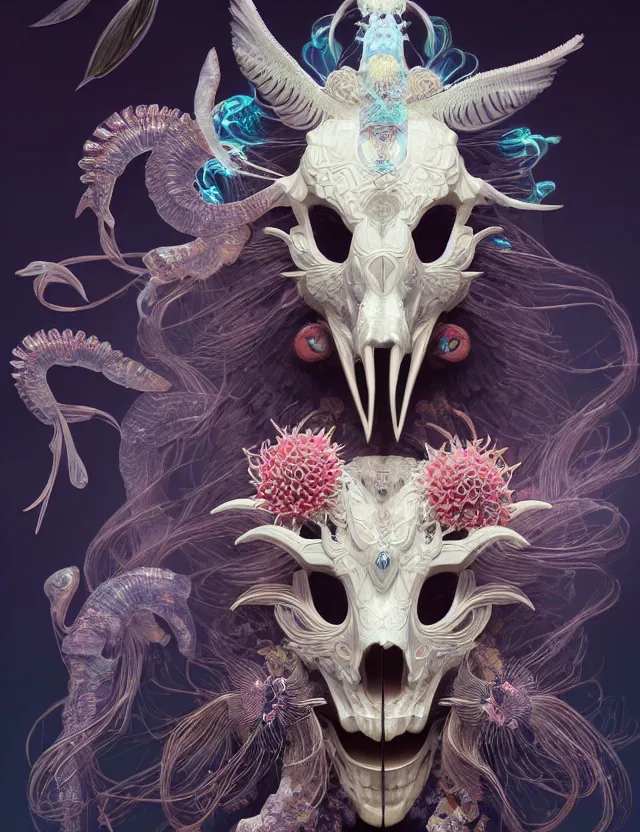 Image similar to 3 d goddess close - up profile portrait ram skull. beautiful intricately detailed japanese crow kitsune mask and clasical japanese kimono. betta fish, jellyfish phoenix, bio luminescent, plasma, ice, water, wind, creature, artwork by tooth wu and wlop and beeple and greg rutkowski