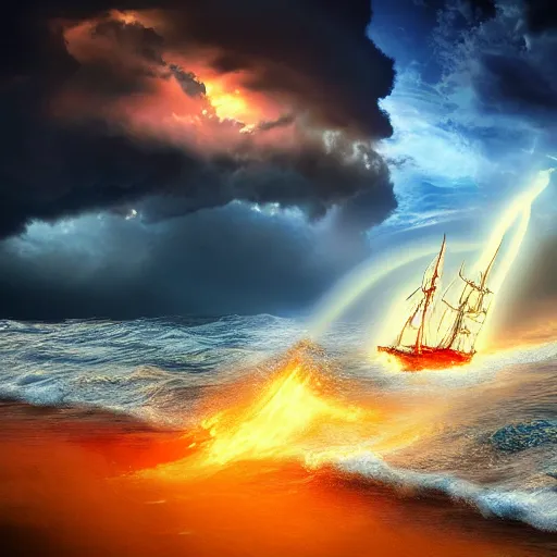 Prompt: burning ocean, storm, dramatic sky, waves, dark, flame, pirate sail ship, hyperrealistic, highly detailed, fractal,