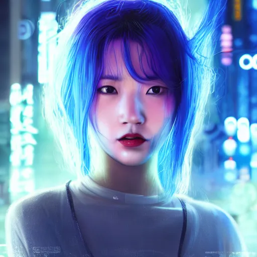 Prompt: a film still of kim sung hee as joi in the rain with blue hair, cute - fine - face, pretty face, cyberpunk art by sim sa - jeong, cgsociety, synchromism, detailed painting, glowing neon, digital illustration, perfect face, extremely fine details, realistic shaded lighting, dynamic colorful background