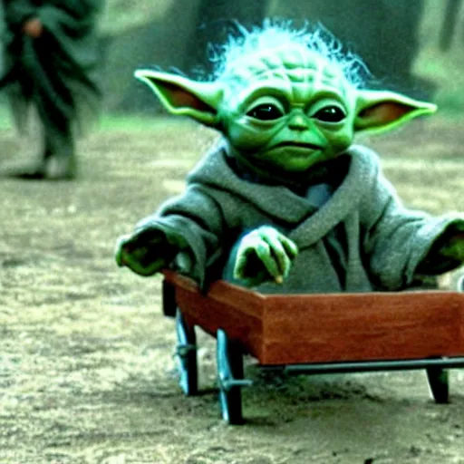 Image similar to a film still of baby yoda's kid riding a wagon to get together station in star wars realistic, detailed