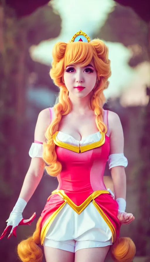 Image similar to amazing cosplay of princess peach from mario, symmetrical, cinematic, elegant, luxury, real photography, 4 k, ultra hd, cosplay journal cover