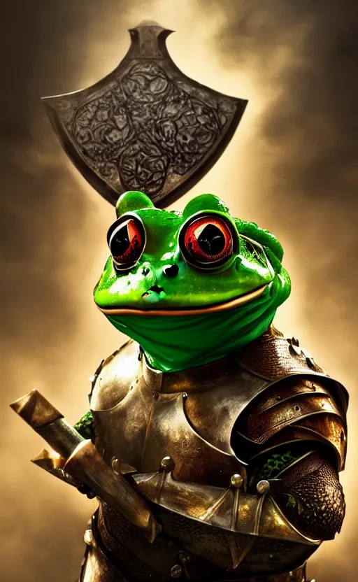 Prompt: a frog, dressed as a knight, holding a large shield, battle armor, atmospheric lighting painted intricate volumetric lighting, beautiful, sharp focus, ultra detailed, sharp, mindblowing, 4 k uhd, 8 k