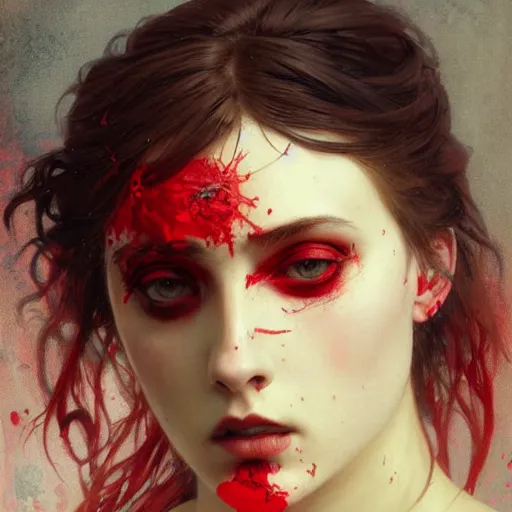 Prompt: goth girl covered in red paint, intricate, art by greg rutkowski and alphonse mucha, high detailed, 4 k,