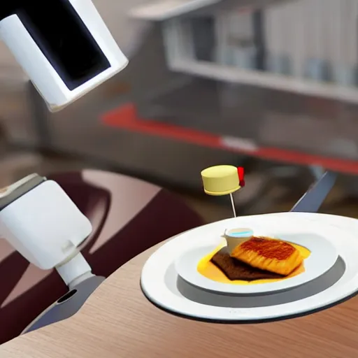 Image similar to a floppy disk in a plate being served to a robot for breakfast, unreal engine