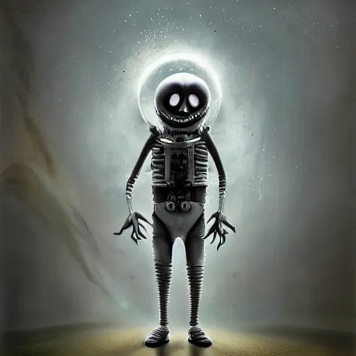 Image similar to michal karcz surrealism grunge Pastel drawing of the end of an astronaut happy in the galaxy. , in the style of jack skellington, in the style of a clown, loony toons style, horror theme, detailed, elegant, intricate, 4k, Renaissance painting