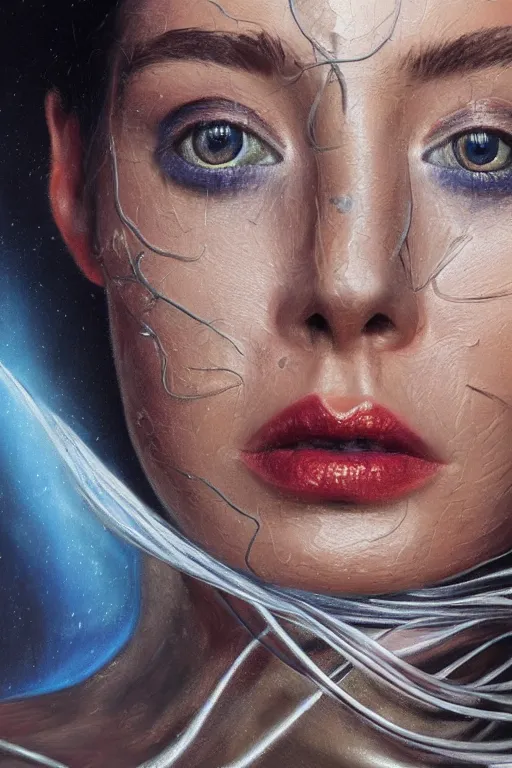 Image similar to hyperrealism oil painting, close - up portrait of face from a tangle of snakes fashion model, knight, steel gradient mixed with nebula sky, in style of baroque