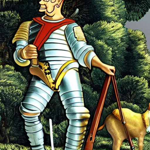 Prompt: Hank Hill as Ulrich von Liechtenstein in A Knight’s Tale, riding a lawn mower, on the moon, film still, anamorphic