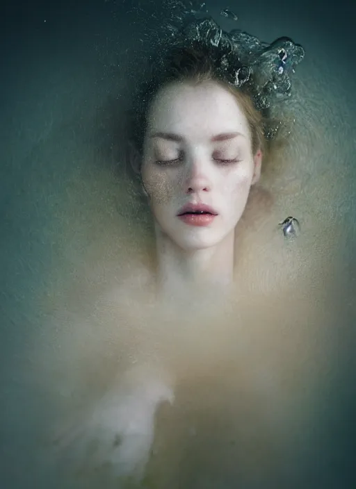 Prompt: Kodak Portra 400, 8K, soft light, volumetric lighting, highly detailed, britt marling style 3/4 by Martin Stranka , portrait photography of a beautiful woman with her eyes closed,inspired by Ophelia Millais Paint , the face emerges from water of Pamukkale, underwater face, anatomical real full body dressed ethereal lace dress floating in water surface , the hair are intricate with highly detailed realistic beautiful brunches and flowers like crown, Realistic, Refined, Highly Detailed, soft blur background, outdoor soft pastel lighting colors scheme, outdoor fine art photography, Hyper realistic, photo realistic