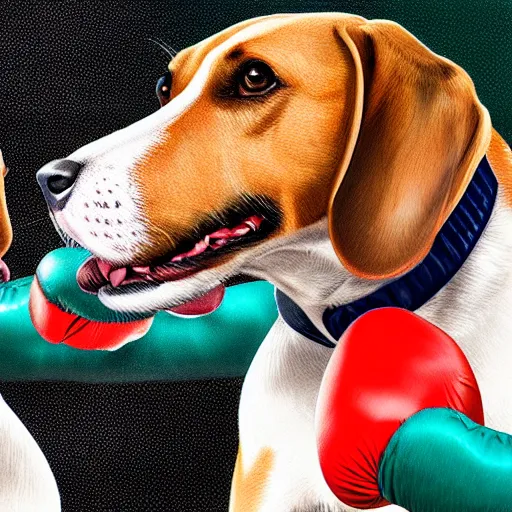 Image similar to two beagle hound dogs boxing with fists, inside a boxing ring hd, realism, hyper detail, intricate detail, 4 k