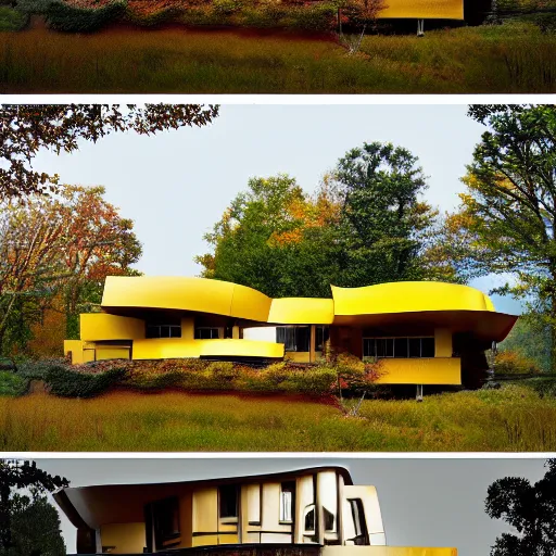 Prompt: architecture ad for a big mid-century modern house in the middle of the wood designed by frank gehry. grain, cinematic, colorized, yellow hue.