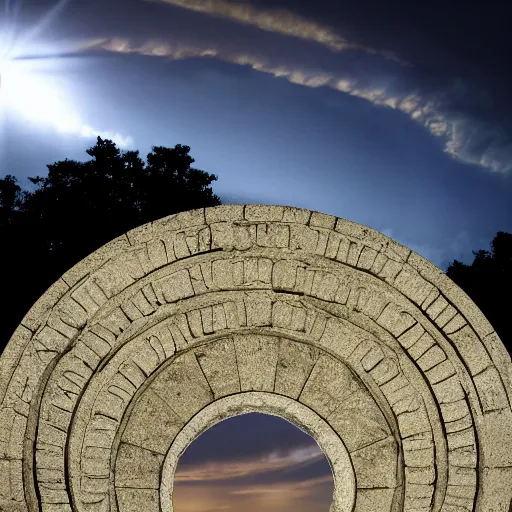 Prompt: active stargate made of stone that form a circle, cinematic view, volumetric light, epic sky