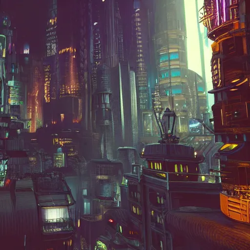 Prompt: Steampunk version of Monsters Inc in Night City Cyberpunk 2077, 8k, highly detailed city background with flying cars, hazy, tropical, partly sunny, ultra realistic, octane, ue5