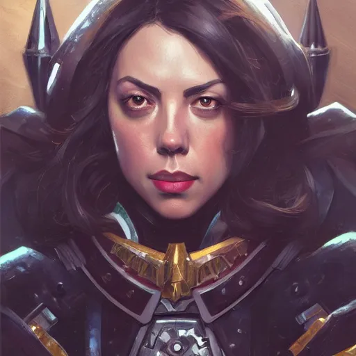 Image similar to warhammer 4 0 k aubrey plaza, intricate, elegant, highly detailed, digital painting, artstation, concept art, matte, sharp focus, illustration, hearthstone, art by artgerm and greg rutkowski and alphonse mucha