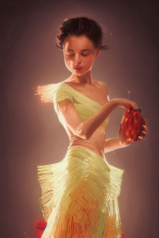 Image similar to portrait of spanish girl dancing with a skirt made out of fruit bananas, intricate, elegant, glowing lights, highly detailed, digital painting, artstation, sharp focus, illustration, art by wlop, mars ravelo and greg rutkowski