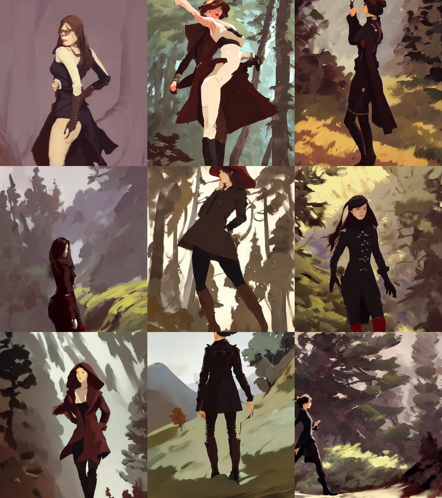 Prompt: black red brown white cloth fabric jodhpurs knee high boots travel coat fashion, solo hiking in mountains trees, greg manchess painting by sargent and leyendecker, studio ghibli, fantasy, asymmetrical, intricate, elegant, matte painting, illustration, hearthstone, by greg rutkowski, by greg tocchini, by james gilleard, by joe fenton