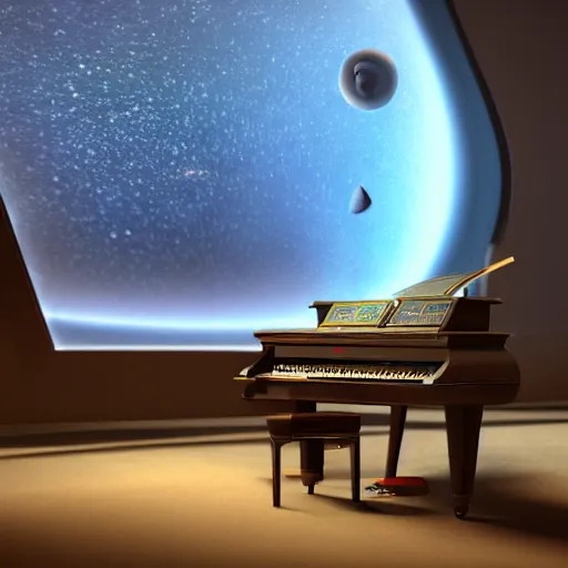 Image similar to a hyperrealistic 3D octane render of an elephant playing piano in a planetarium with planets and galaxies, trending on artstation, photorealism, 8k, 4K, dramatic lighting, glowing, volumetric lighting, ray tracing, unreal engine