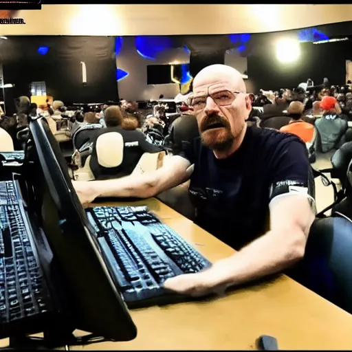 Prompt: walter white playing in a major e - sports csgo tournament in front of a crowd