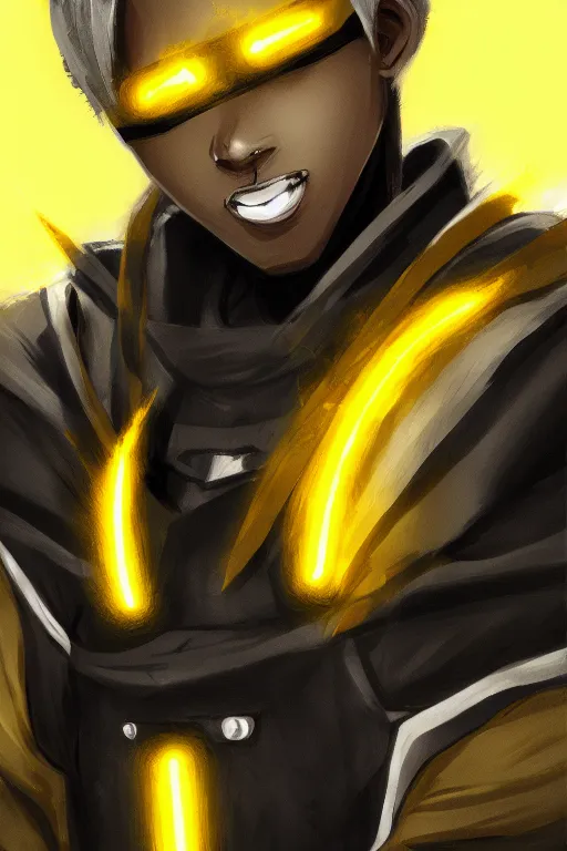 Image similar to glowing black male anime character, short golden hair, yellow eyes, symmetrical, highly detailed, digital art, sharp focus, trending on art station, samurai, electricity superpowers, anime art style