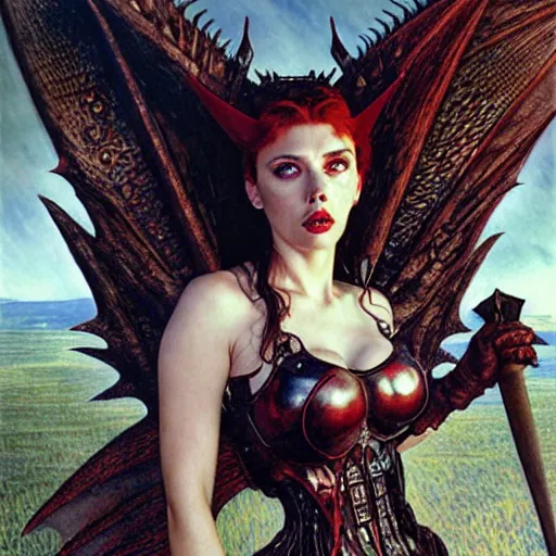 Prompt: head and shoulders portrait of an armored erinyes devil with huge bat wings, portrayed by scarlett johansson, d & d, fantasy, luis royo, magali villeneuve, donato giancola, wlop, krenz cushart, hans zatka, klimt, alphonse mucha