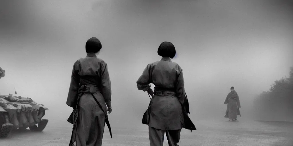 Image similar to modern chicago streets, elegant female samurai ninja, with large sword, open back dress, exposed back, wide hakama trousers, approaches a military tank ww 2 mech robot, by akira kurosawa, black and white, cinematography, movie, fog, atmospheric perspective,