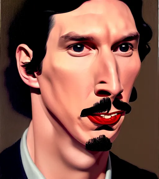 Image similar to a portrait of your creepy uncle adam driver by jon whitcomb and gil elvgren and albrecht anker and sydney prior hall, hyperrealism