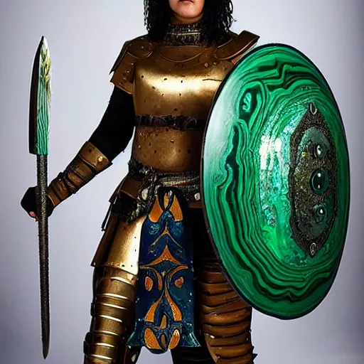 Image similar to full shot photo of a female warrior with malachite armor