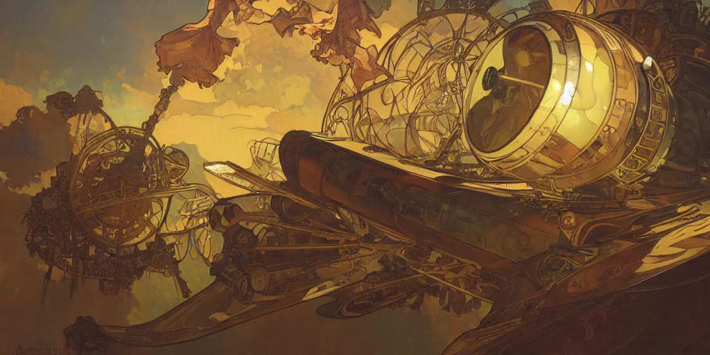 Prompt: a steampunk airship emerges over the horizon of an alien planet, artwork by alphonse mucha, dramatic lighting, long shadows, brushstrokes, paper texture.