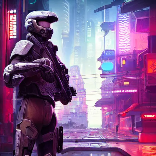 Prompt: close view matte painting of a modern soldier in halo helmet, holding machine gun in right hand, cyberpunk city and huge mechanical bridges on the background, rainy night, neon glow, concept art, smooth, sharp focus, cyberpunk 2077, neuromancer, scifi, photorealistic, octane render, 8k
