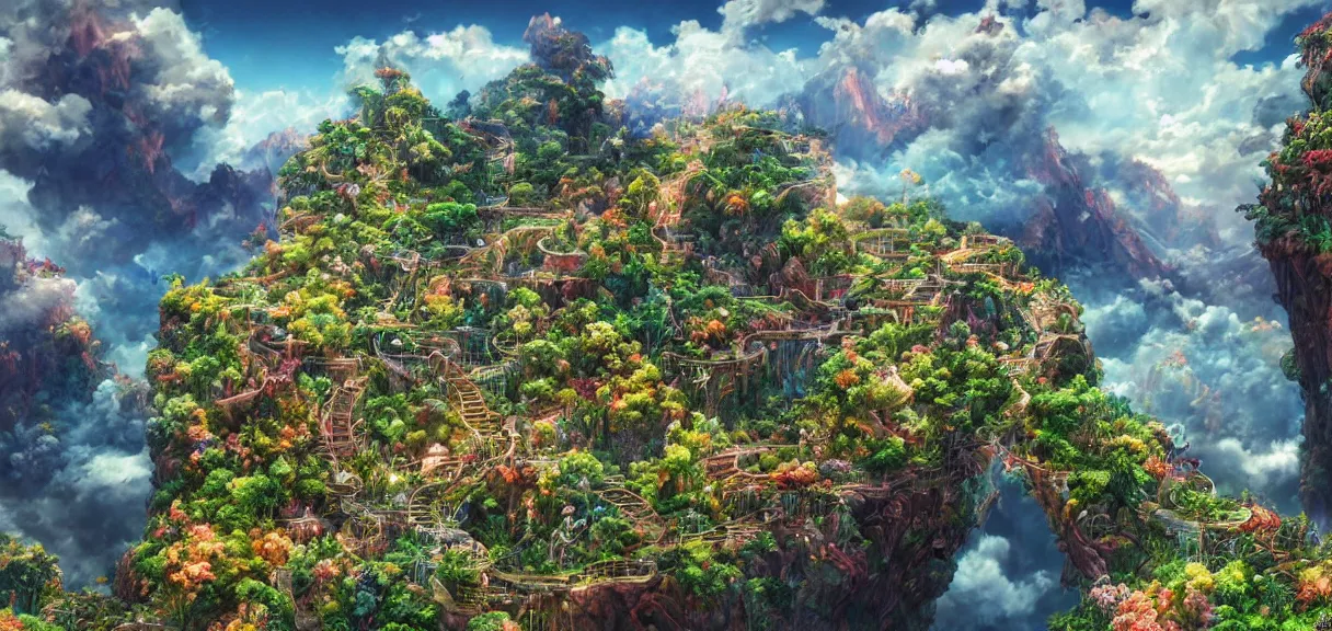 Prompt: the landscape of an unimaginable and beautiful place with all types of colorful vegetation in the clouds, beyond the physical realm, an ultrafine hyperdetailed illustration by kim jung gi, irakli nadar, intricate linework, bright colors, octopath traveler, final fantasy, unreal engine 5 highly rendered, global illumination, radiant light, detailed and intricate environment
