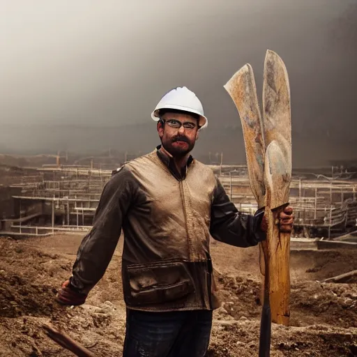 Image similar to cinematic shot of a man wearing a crown jewel at a construction site and a leader of the team he is holding a spear. cinematic photograph, atmospheric, foggy, majestic, epic