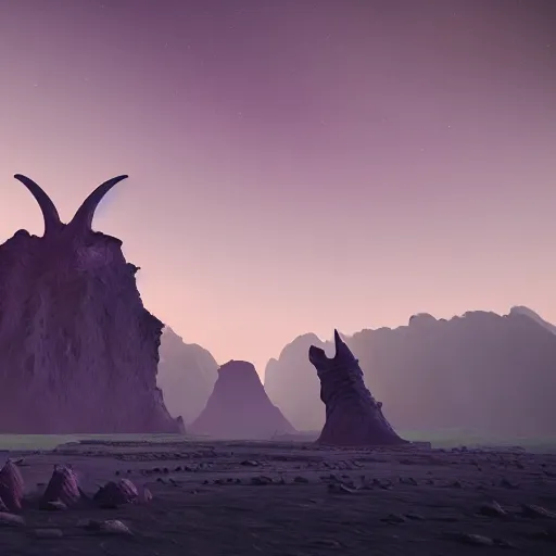 Image similar to a grotesque alien landscape, purple sky and weird alien structures, cinematic, unreal engine 5