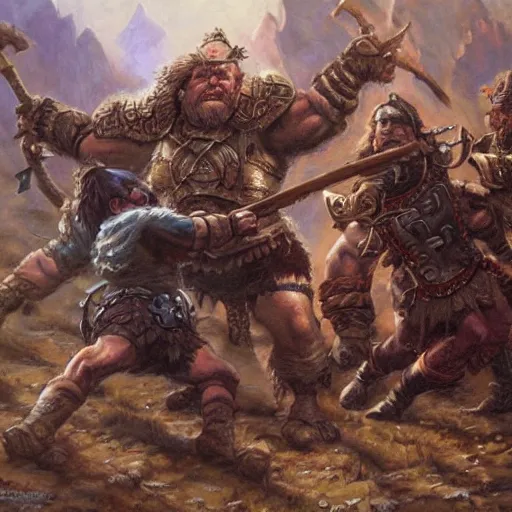 Image similar to Dwarven iron guard fighting a troll. Dnd. Epic painting by james gurney.