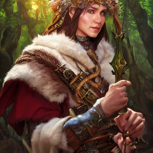 Image similar to dnd character concept portrait, angry elf druid with tamed ox pet, detailed, high quality, dynamic lighting, fantasy, artwork by artgerm, wlop, alex ross, greg rutknowski, alphonse mucha