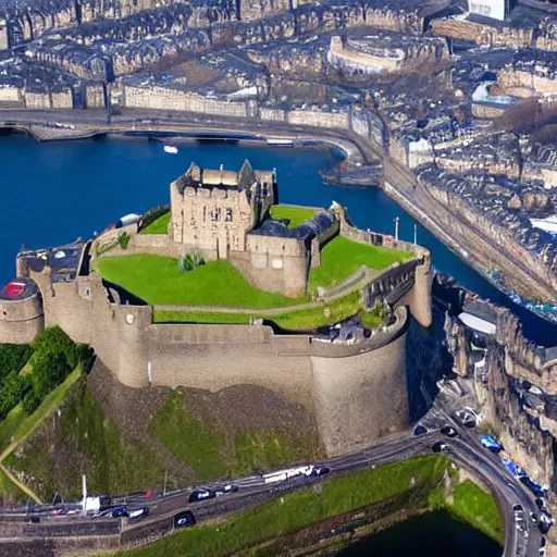 Prompt: aerial photo of submerged underwater edinburgh castle surrounded by seas with seas in the background